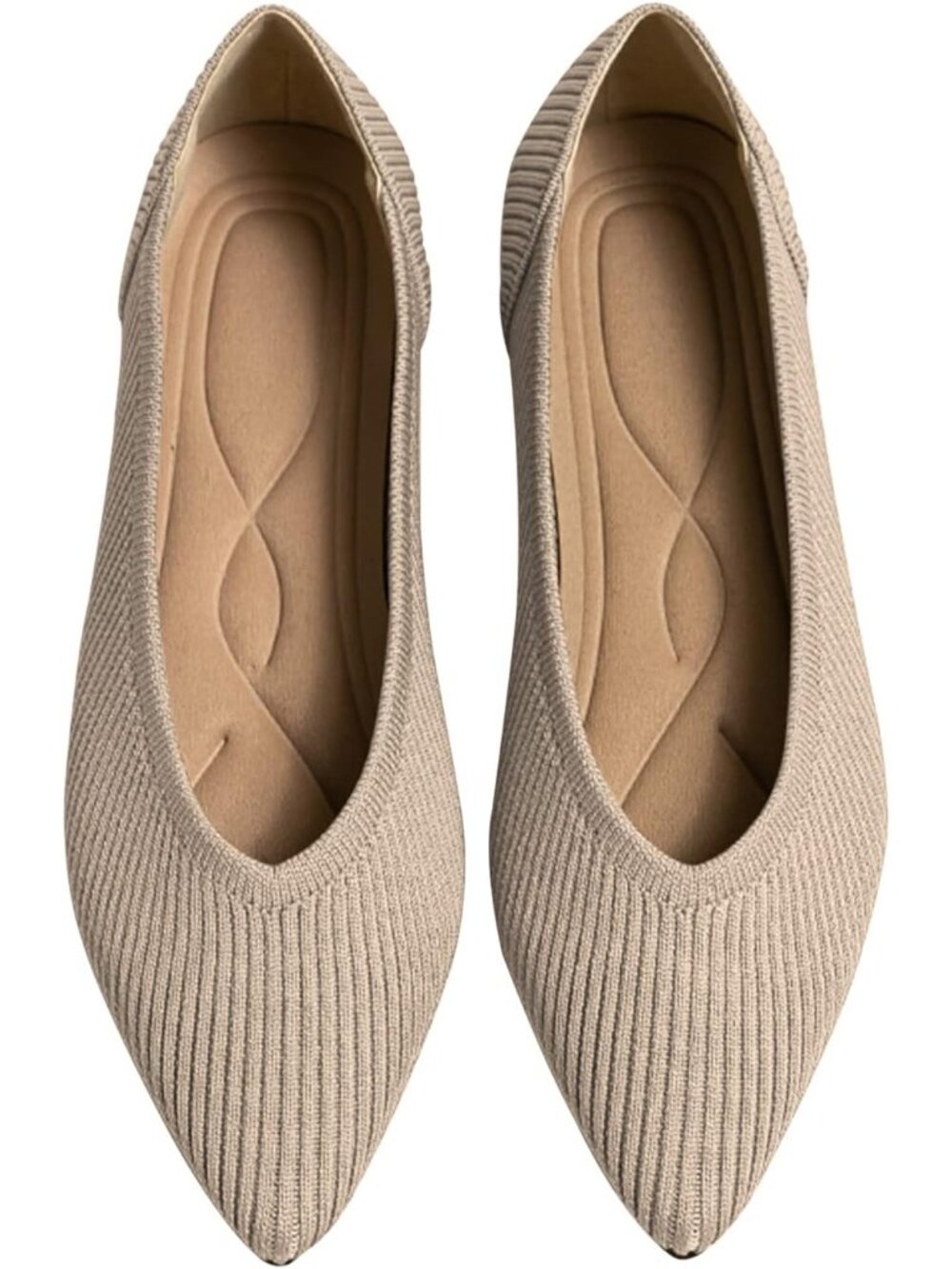 Women's Beige Knit Pointed Toe Ballet Flats Comfort Rubber Slip On Shoes